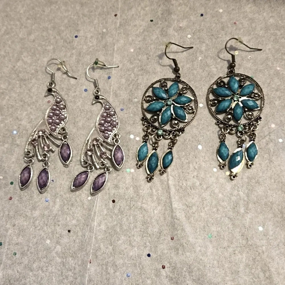 Jewelry - 2-Pair Elegant Bohemian Waterdrop Dangle Earrings - Peacock and Tassels